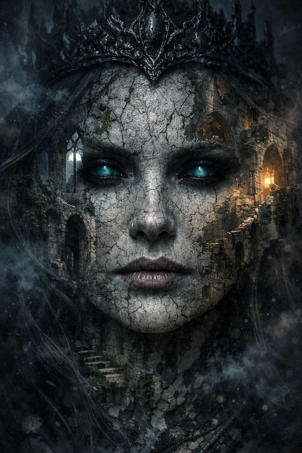 Dark queen stone faced portrait with medieval ruins