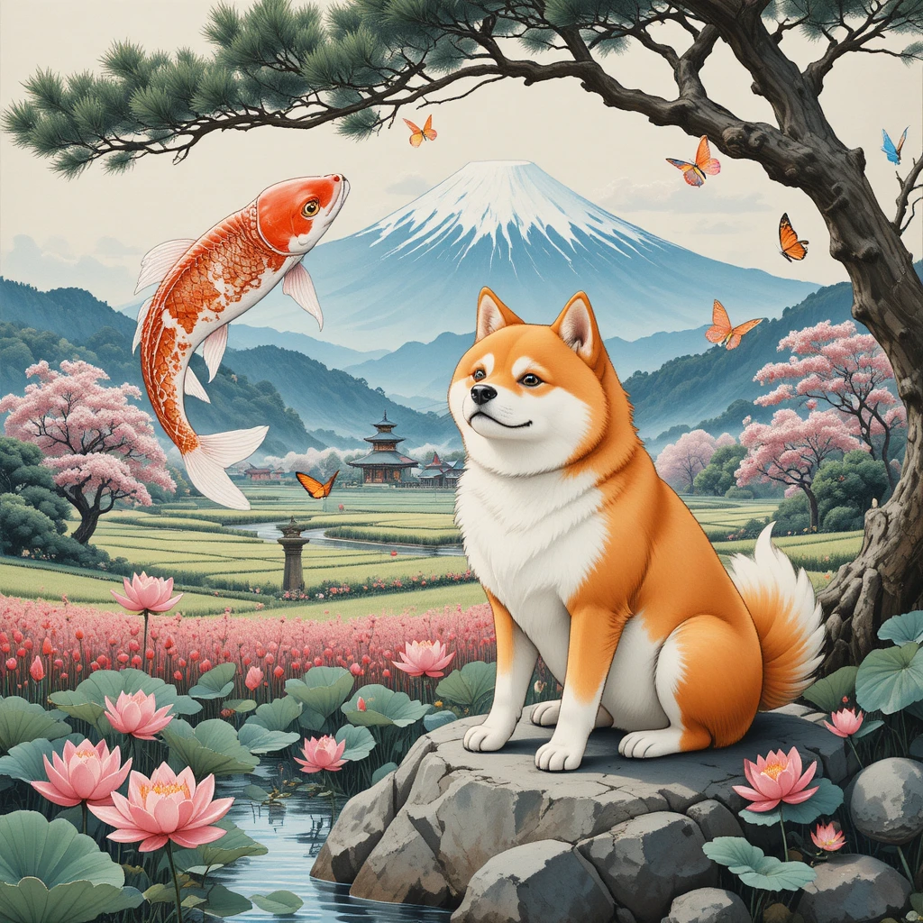 Pummeliger Shiba Inu unter einer Kiefer auf einem Felsen