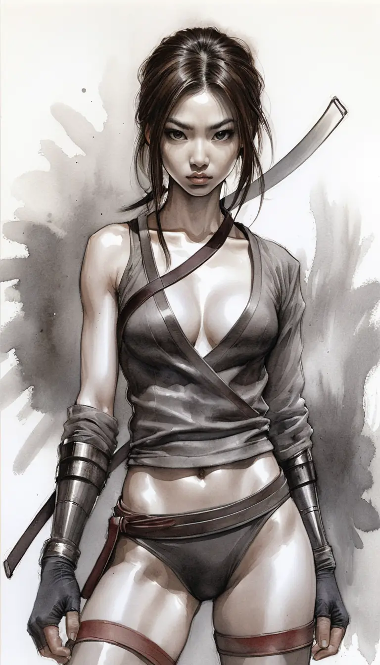 Athletic Asian warrior woman in dark cinematic portrait