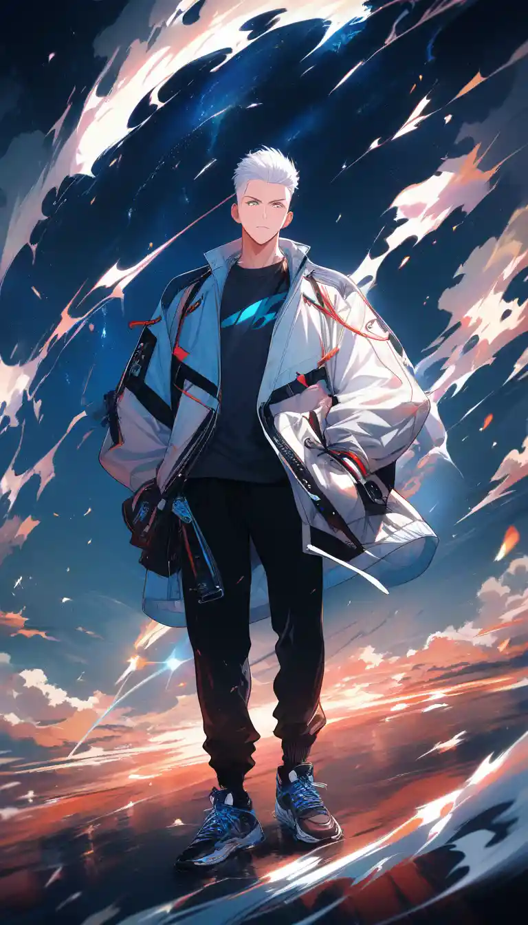Weißhaariger Anime-Mann in stürmischer Outdoor-Szene