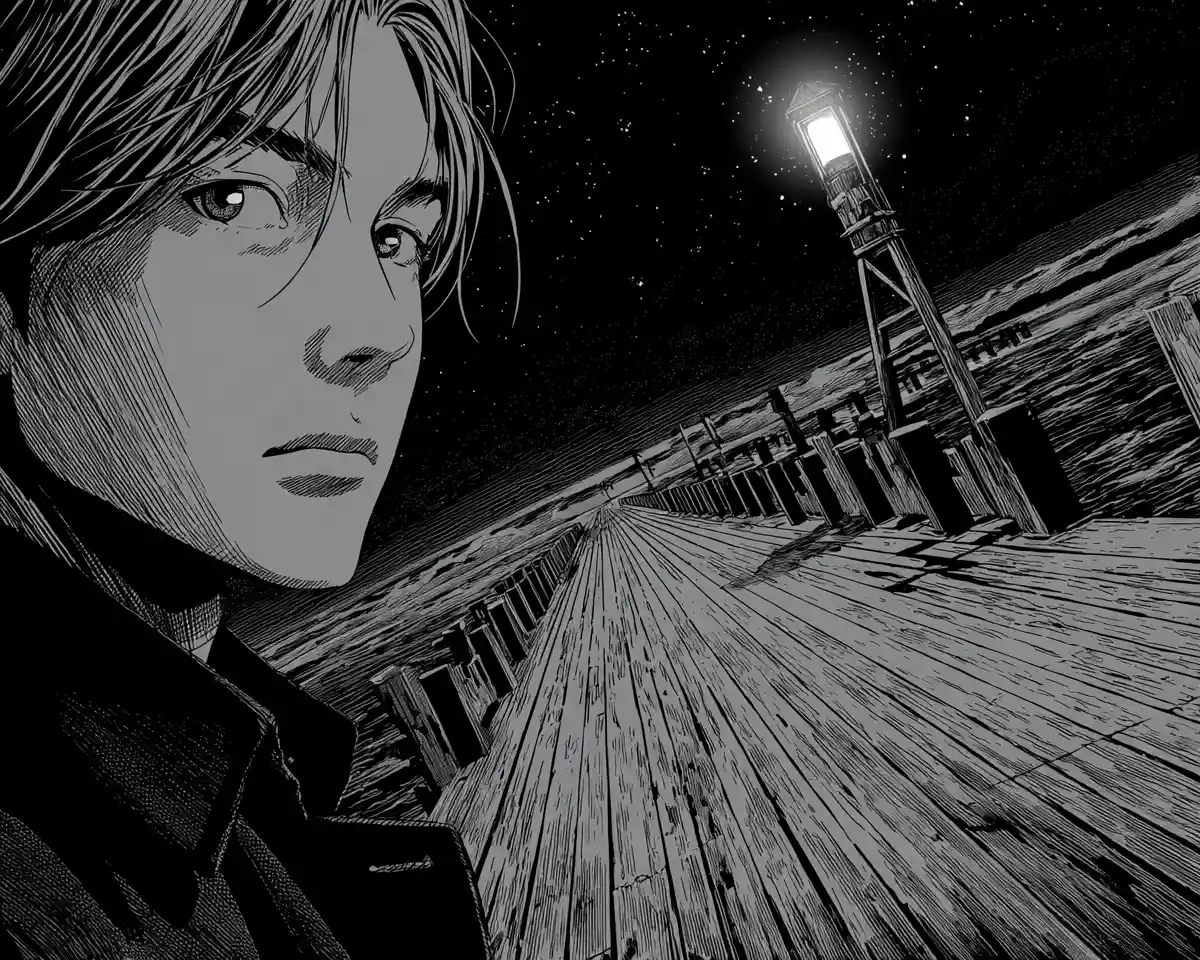 Gutaussehender Mann auf verlassener Pier im Manga-Horror-Stil
