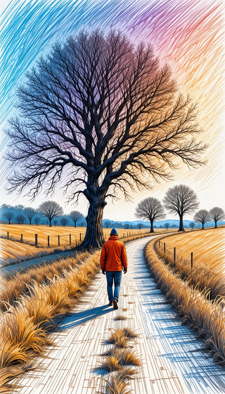 Solitary figure on country road in vivid scribble line art