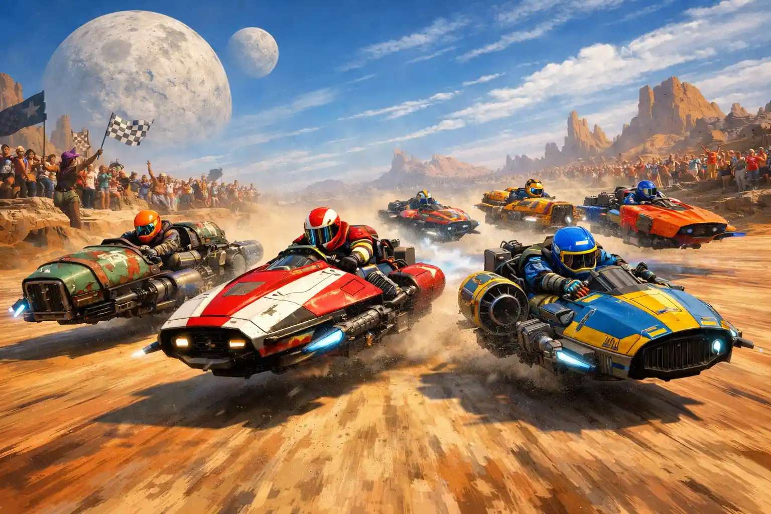 Futuristic land speeder race across a colorful desert