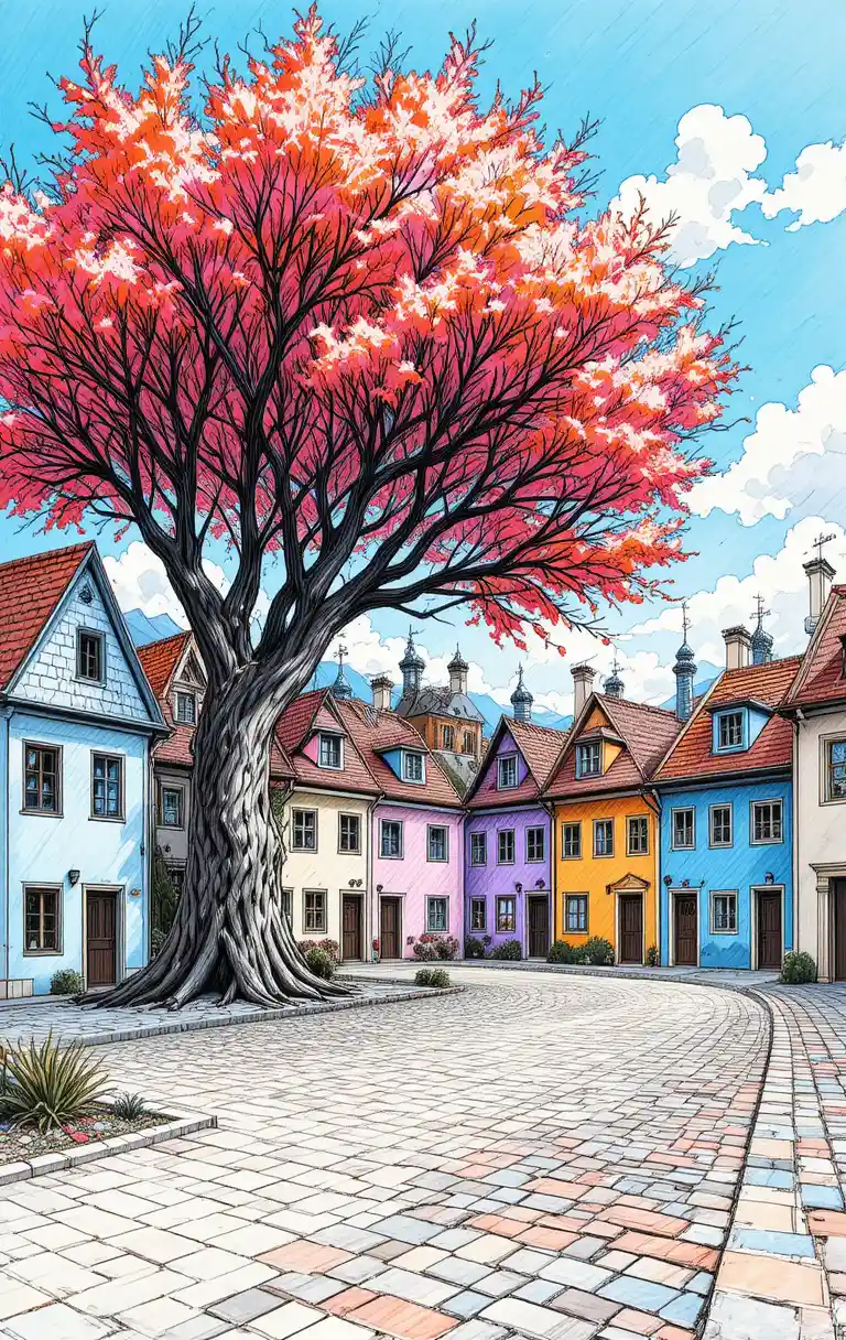 Colorful line art of European village street in autumn