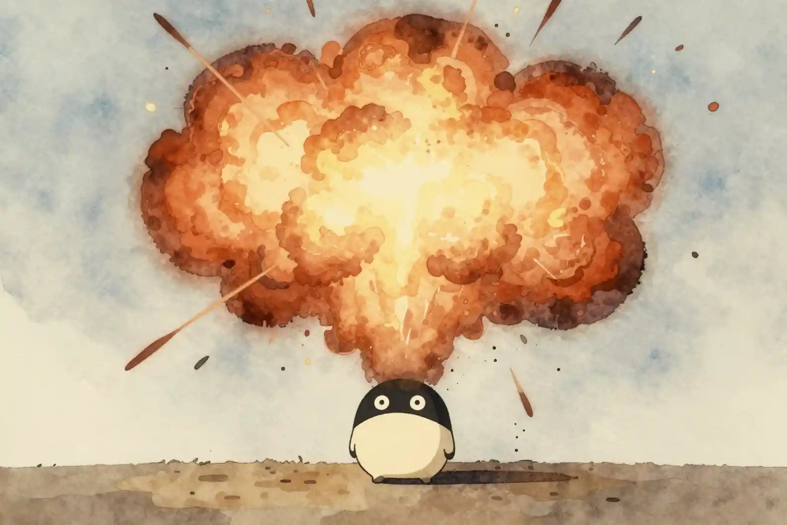 Watercolor cartoon creature calm beneath a fiery explosion