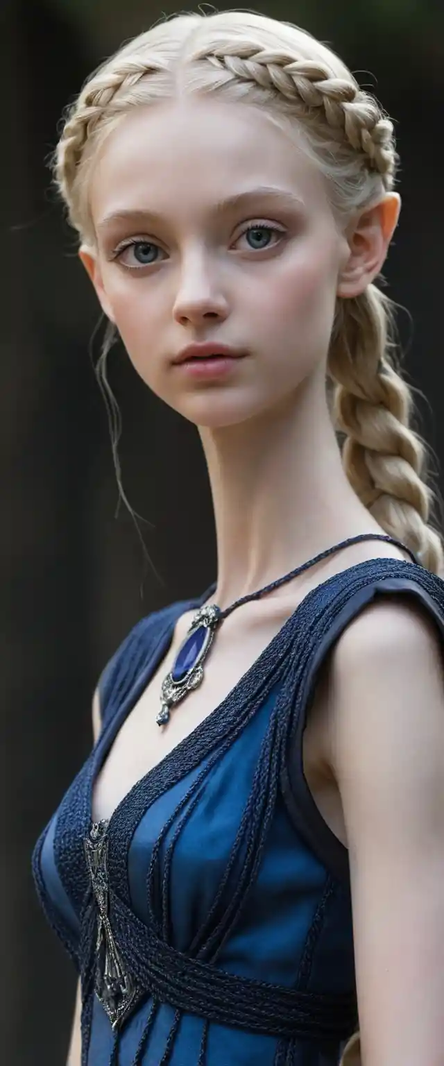 Slender fairy tale girl with braids and gemstone details