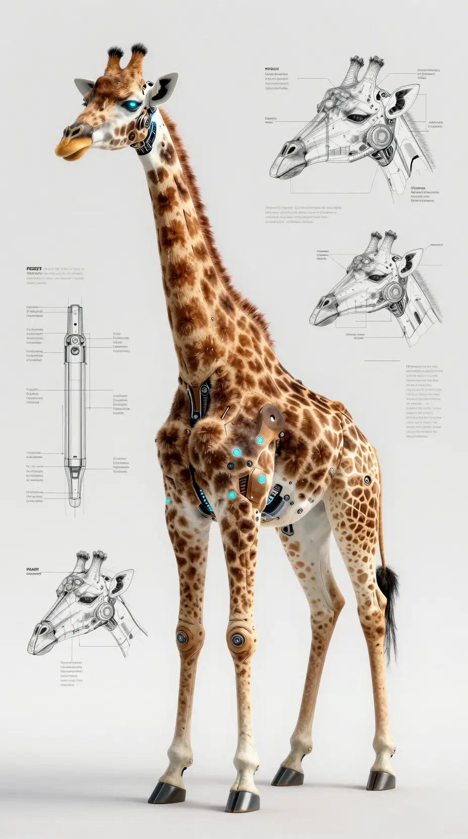 Cybernetic giraffe with glowing eye and technical blueprint background