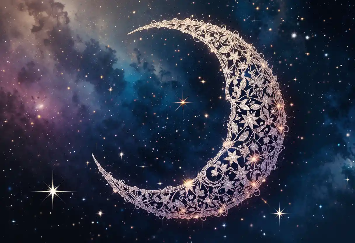 Lace Crescent Moon With Stars On Watercolor Nebula