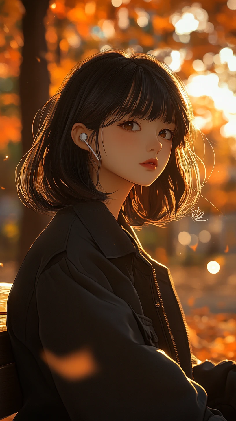 Fille anime sur un banc de parc dans la chaleureuse lumière d’un coucher de soleil d’automne
