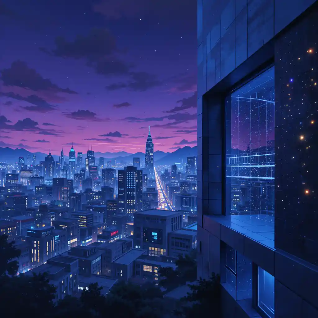 Vibrante skyline cittadino al crepuscolo con finestre illuminate