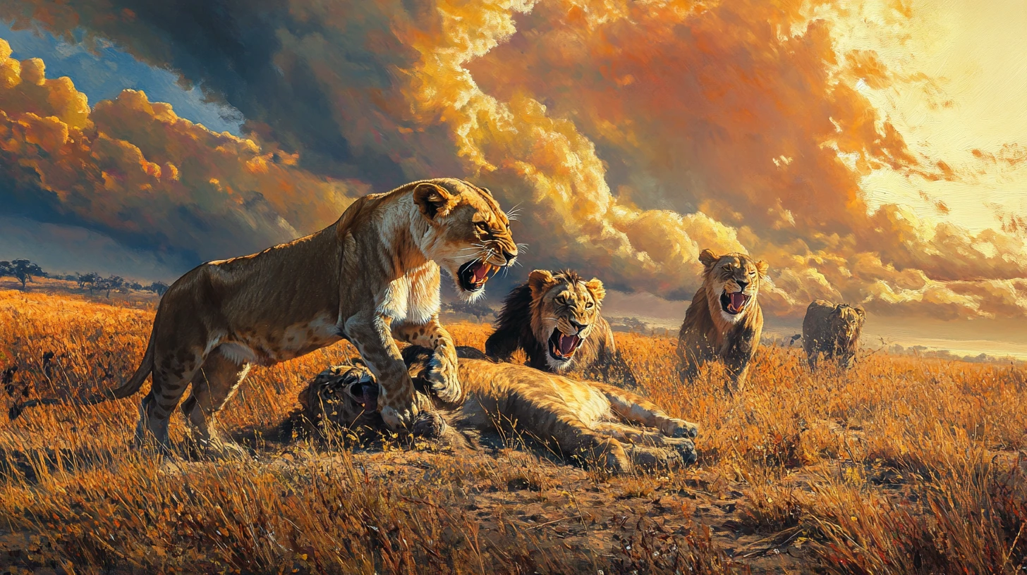 Leonas cazando un ñu en las llanuras africanas