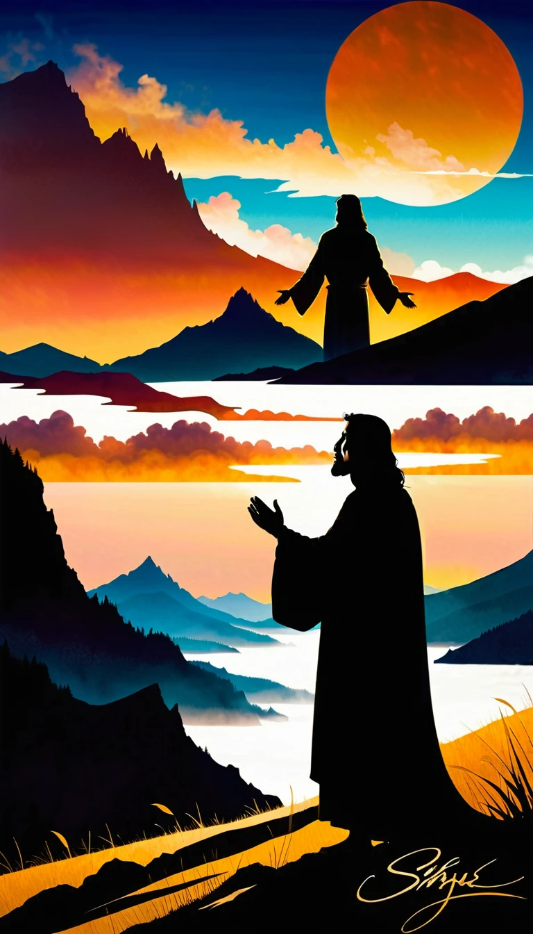 Jesus standing on a sunlit hillside at golden hour