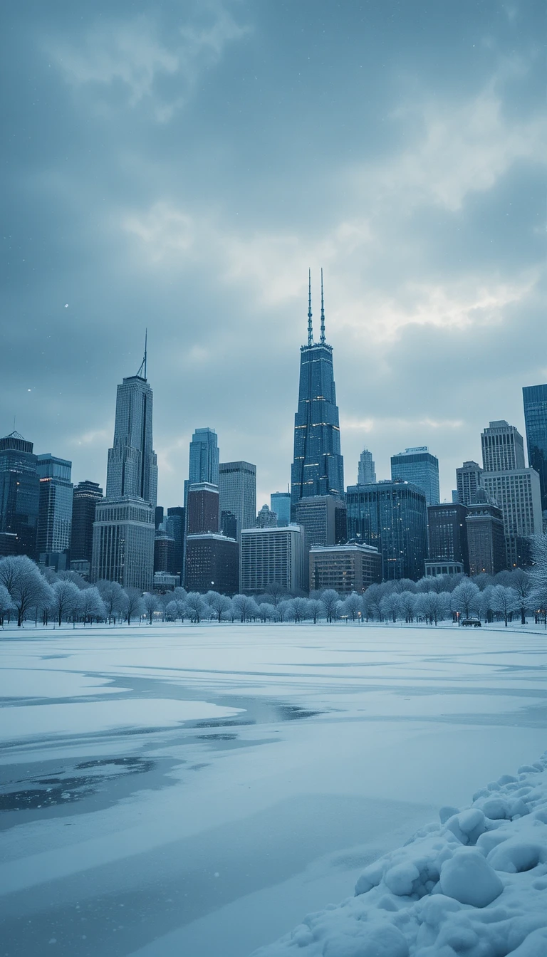 Snowy winter city skyline with frozen lake and clouds
