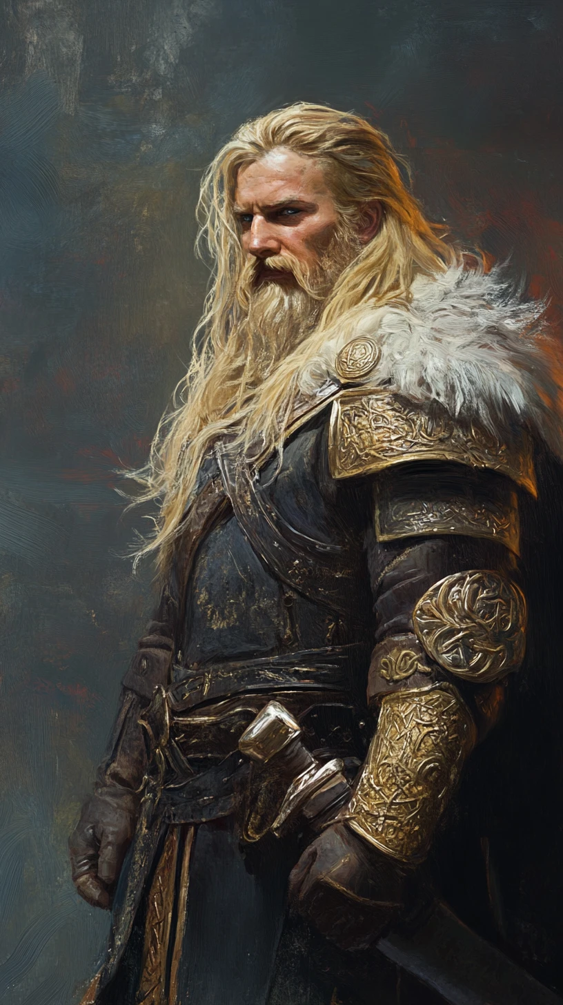 Blonde viking warrior woman facing viewer in dark fantasy armor