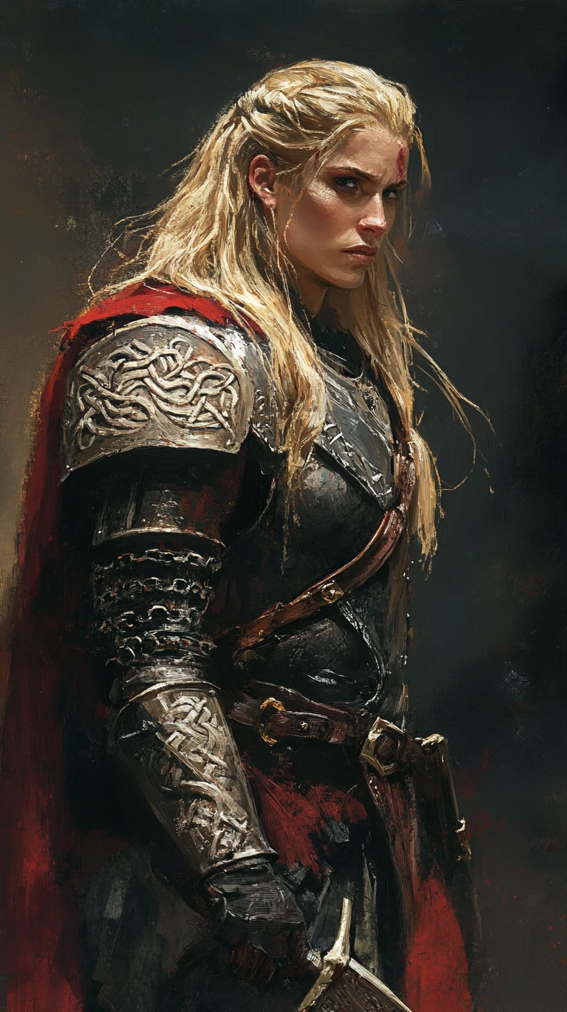Blonde viking warrior woman with shield and axe