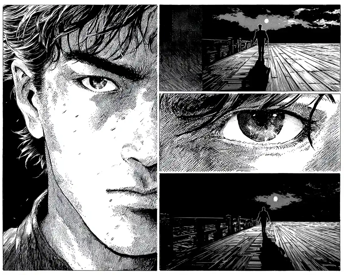 Attraktiver Mann auf einem verlassenen Pier in der Nacht im Manga-Stil