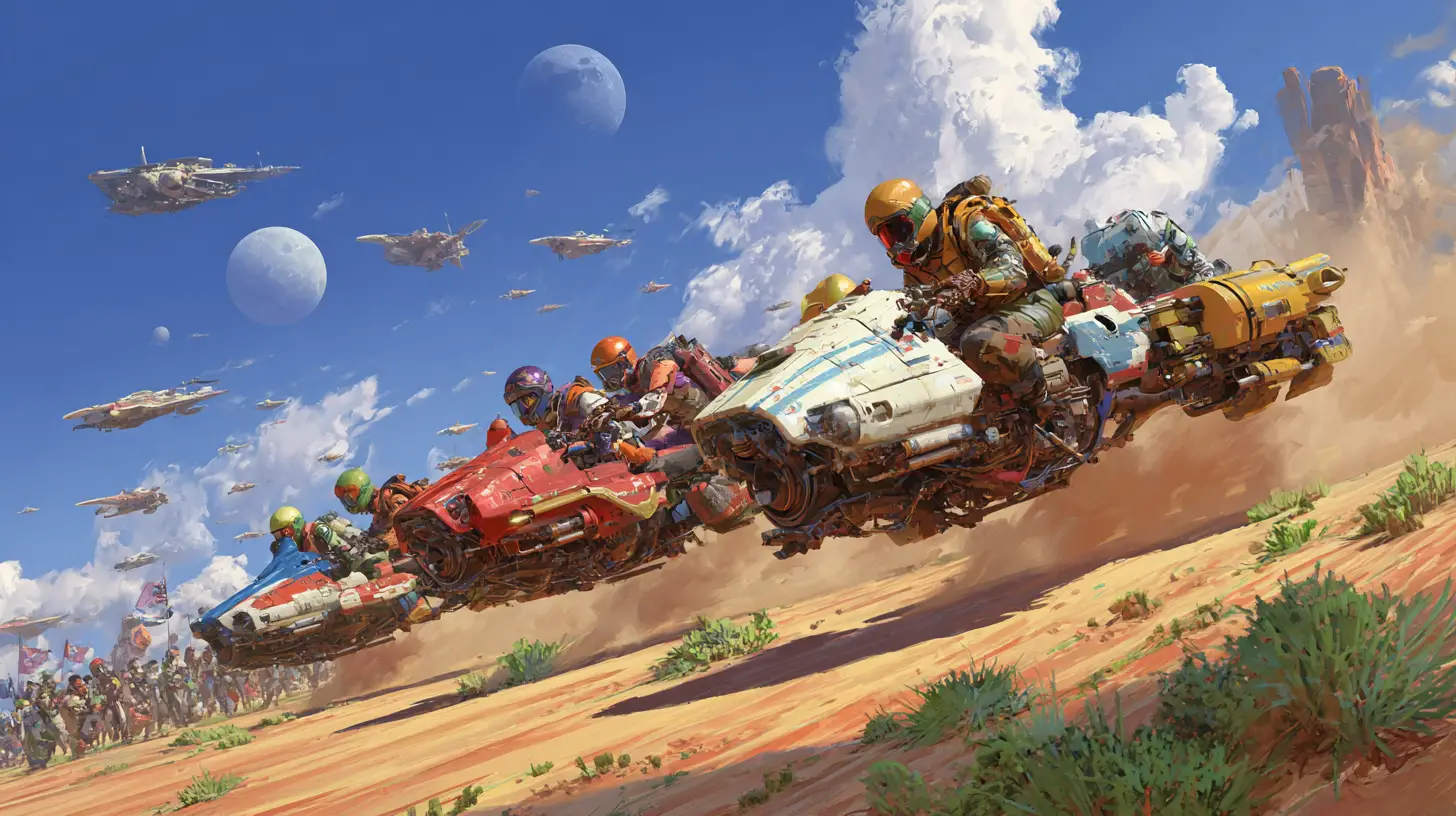 Colorful land speeder race across a distant desert planet