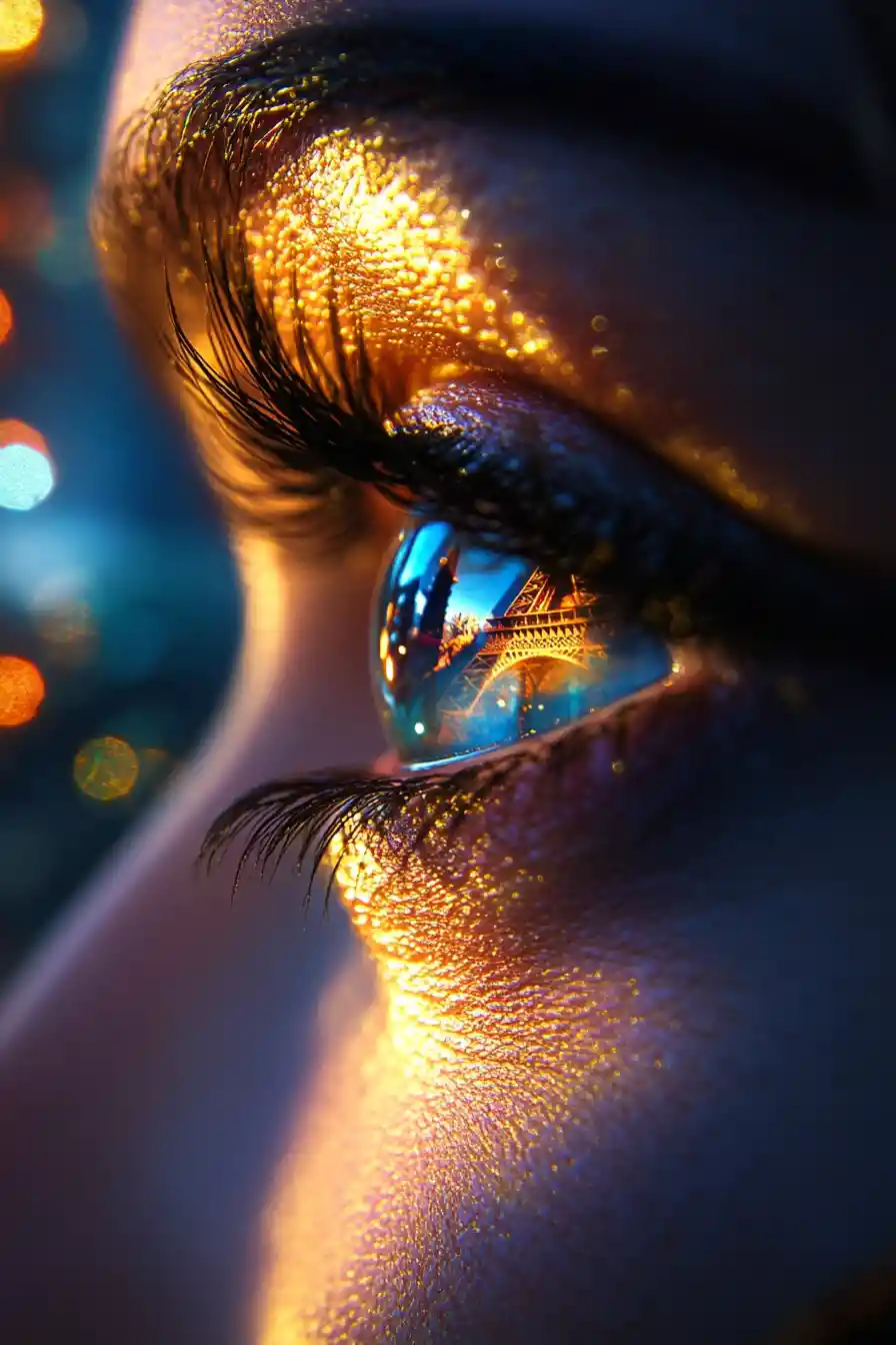 Macro close up of a woman eye with eiffel tower reflection