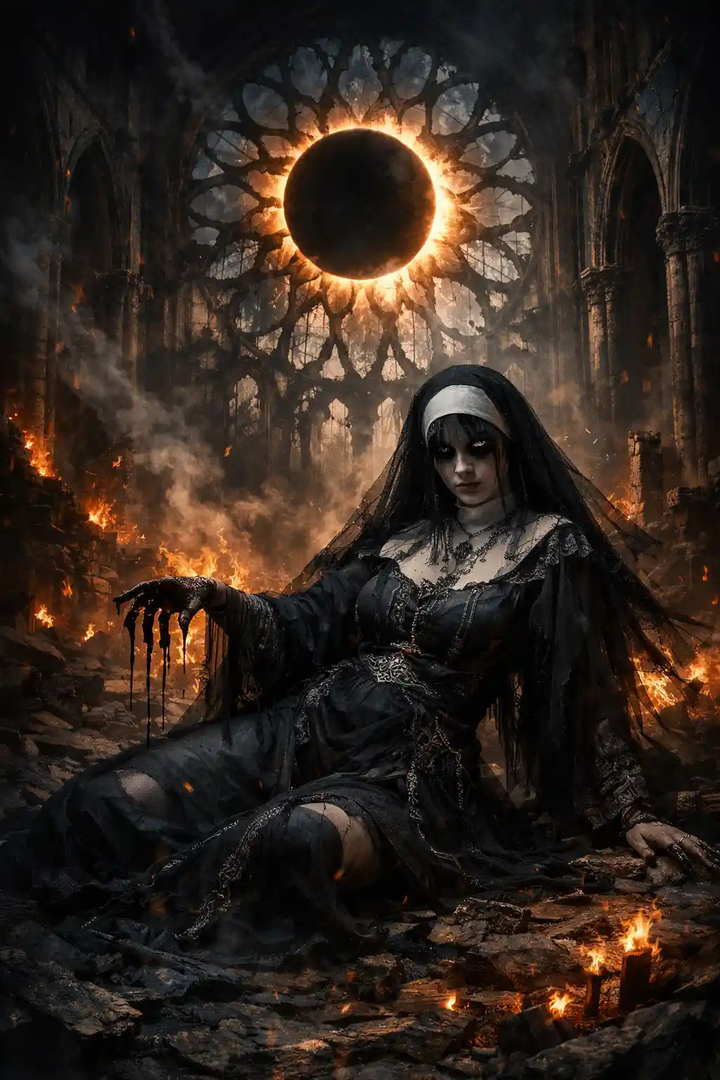 Fallen gothic nun in ruins of a burning cathedral