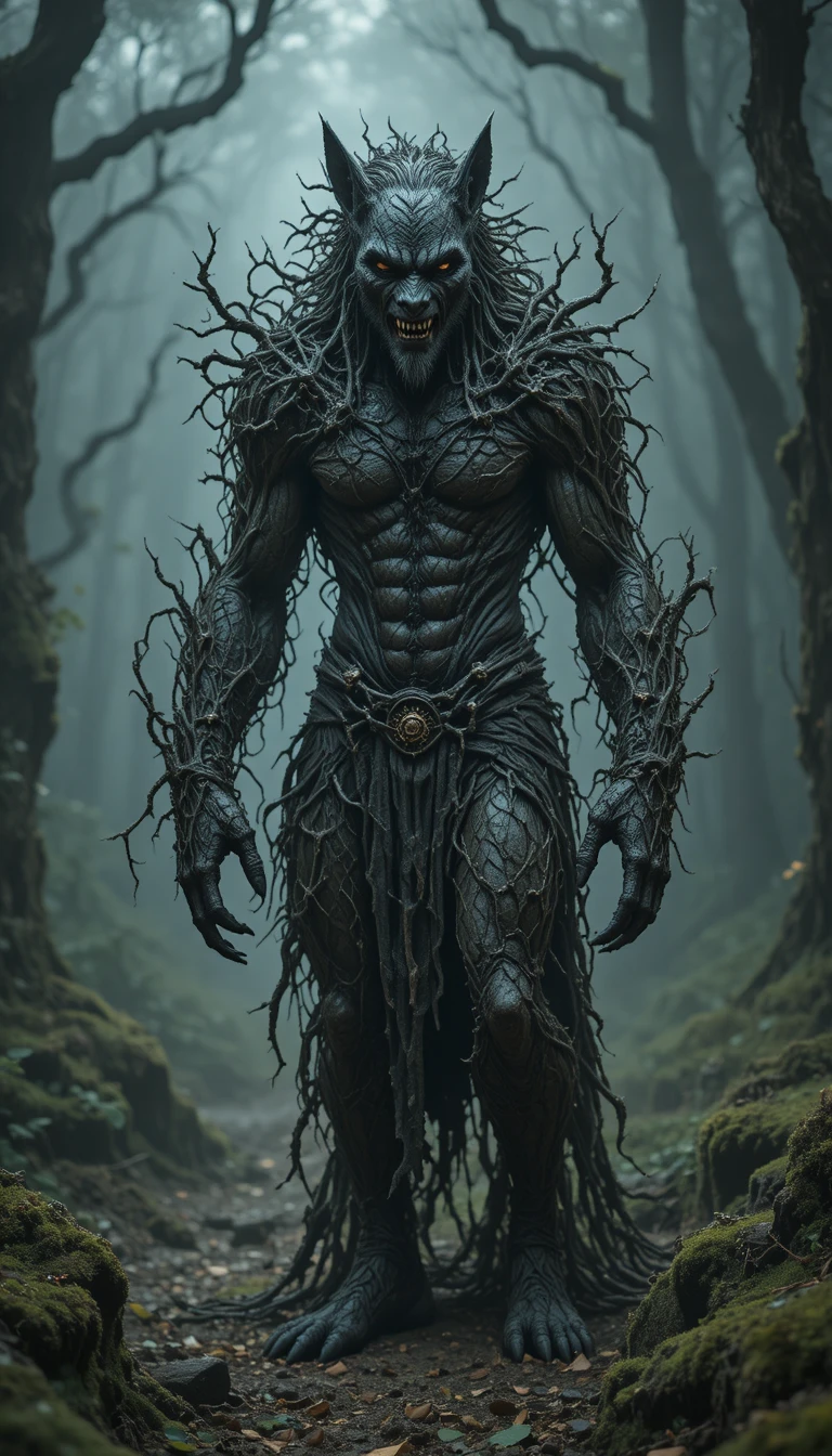 Towering druidic wolf creature entwined with thorny vines