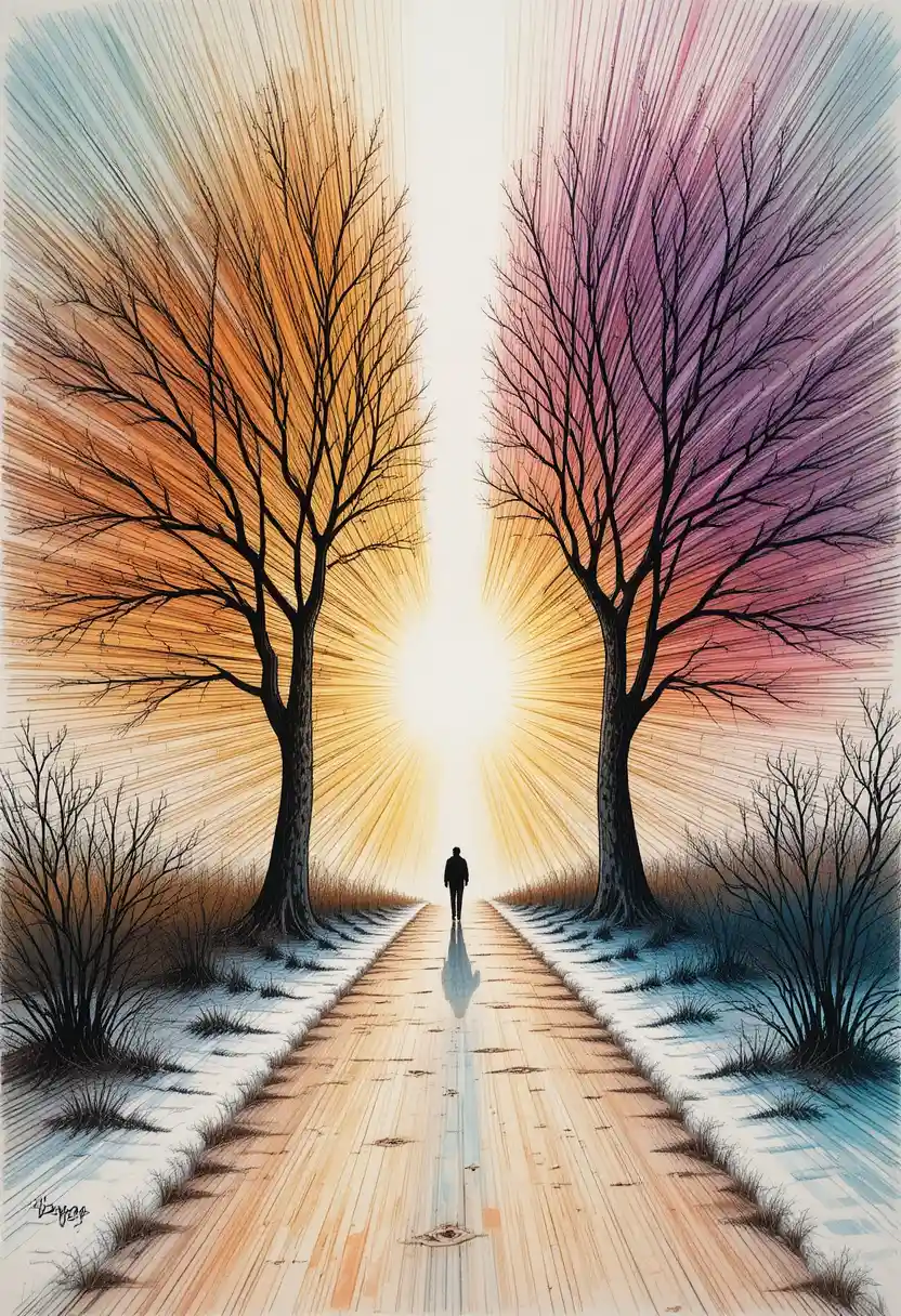 Lone figure walking toward radiant light between two trees