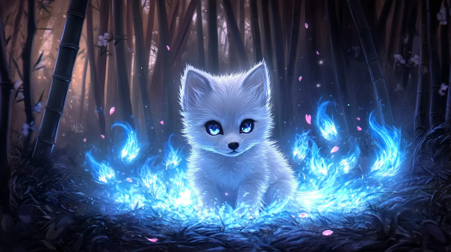 Newborn fox spirit in glowing blue bamboo forest twilight