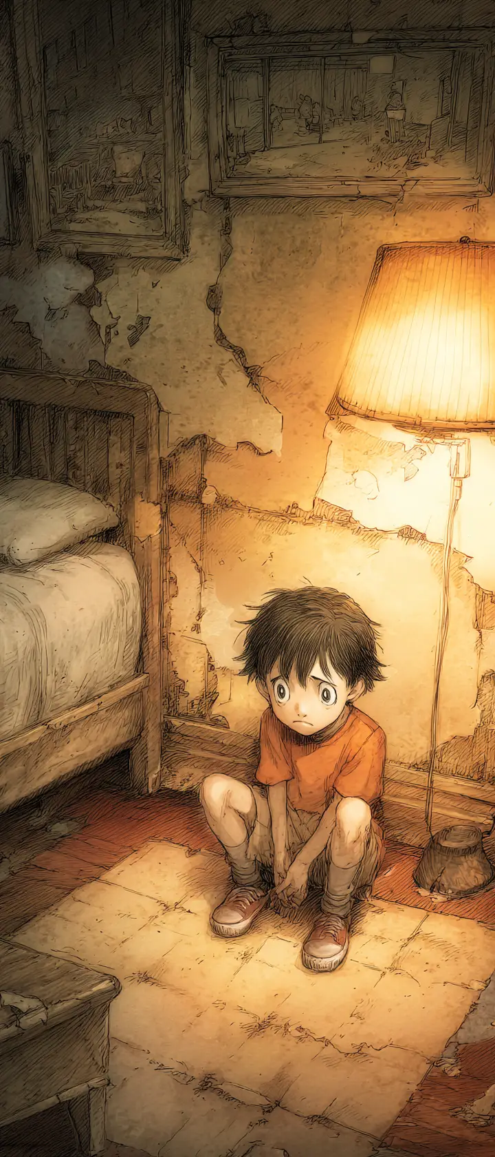 Anime child curled in corner of empty bedroom