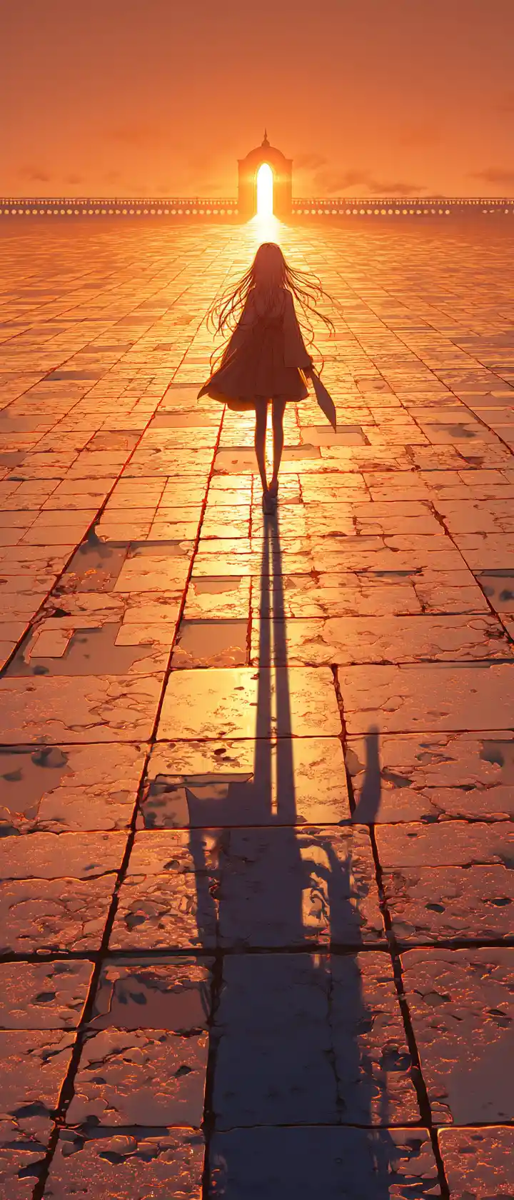 Mujer de anime disolviéndose en una plaza infinita de baldosas al atardecer