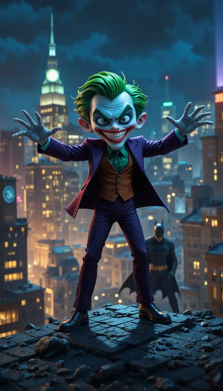 Cartoon clown landing on a city rooftop at night