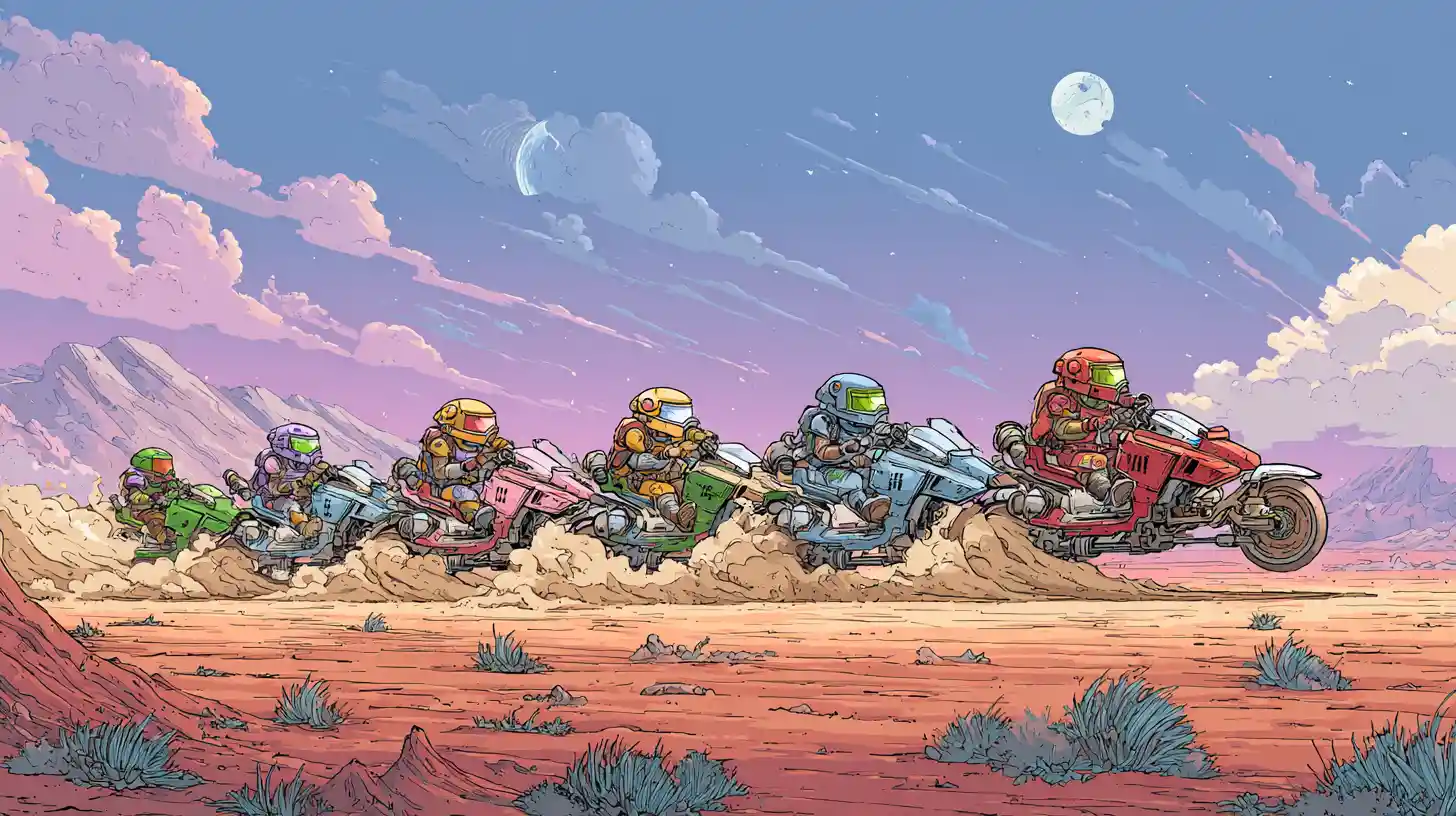 Colorful land speeders racing across a desert planet