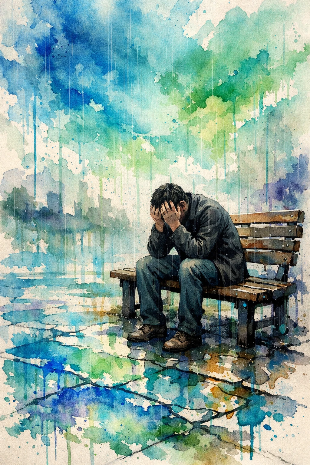 Man on bench in rain amid vibrant watercolor cityscape