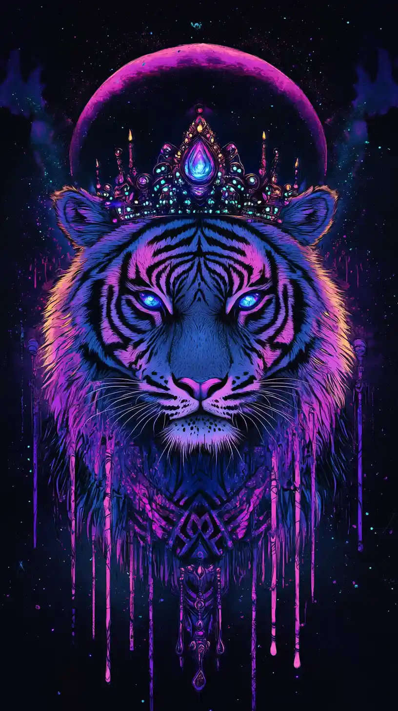 Regal neon tiger portrait with glowing jeweled crown