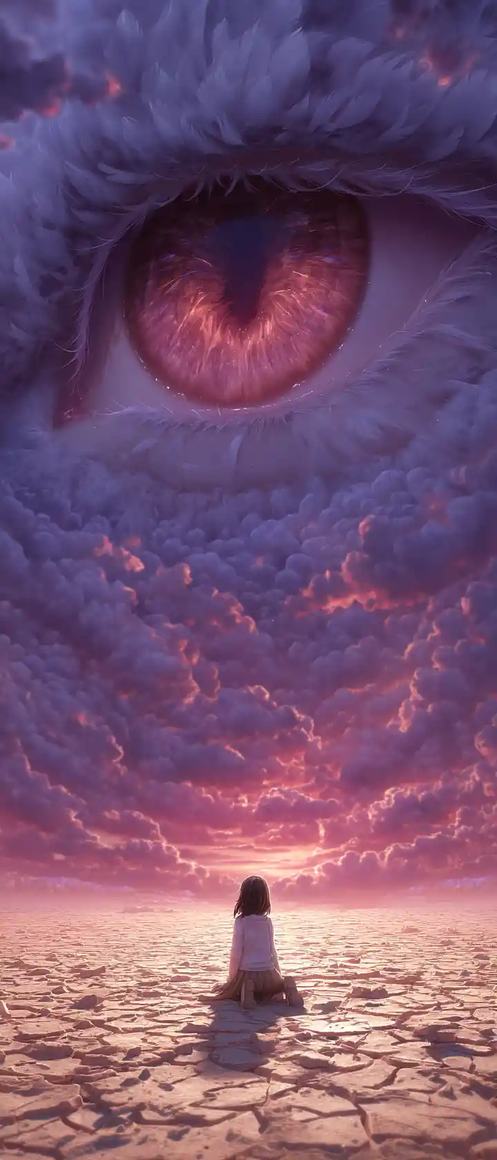 Anime girl in desert at twilight becoming feathers