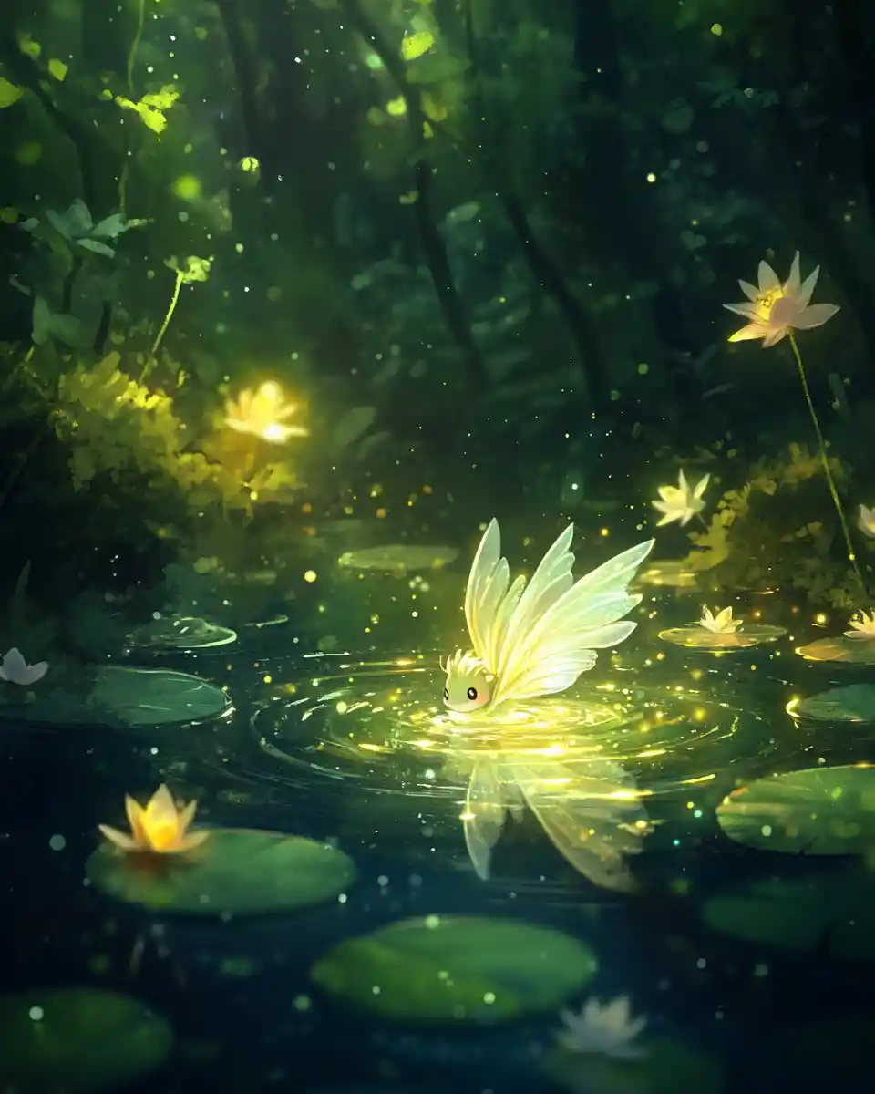 Whimsical pond sprite in a glowing fantasy forest