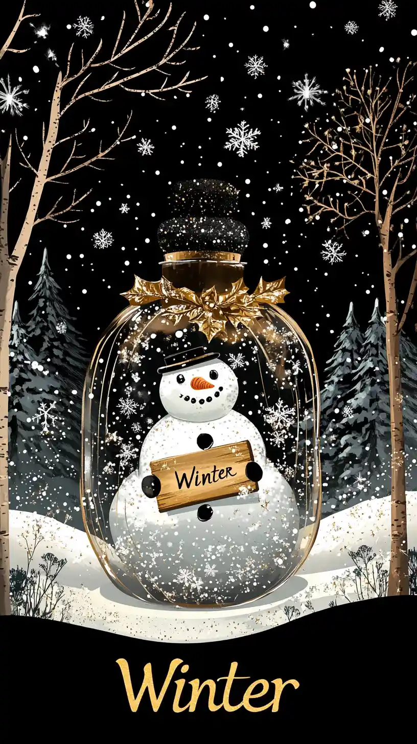 Transparent snowman illustration in a magical winter landscape