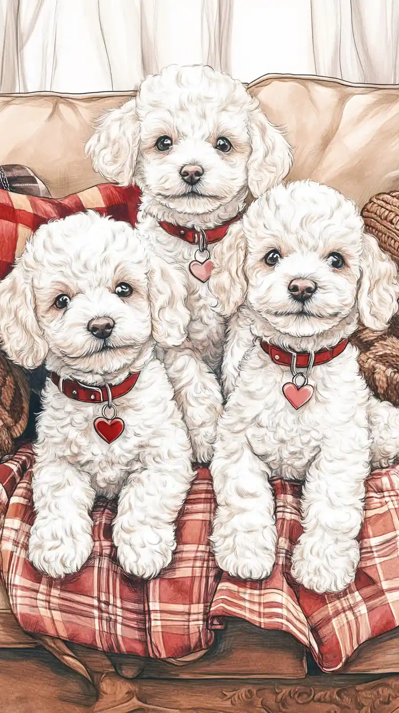 Three white poodle puppies on a cozy country sofa