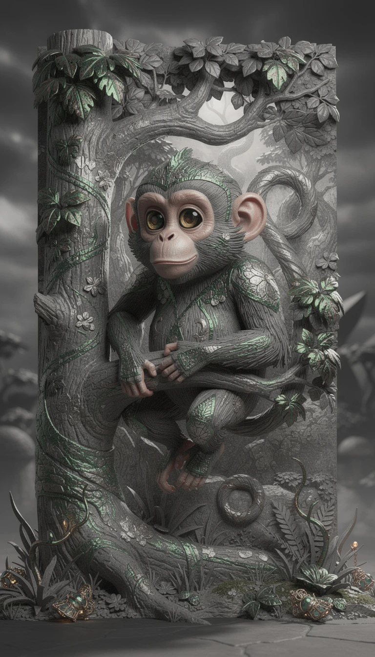 Retrato lúdico de macaco em uma floresta surreal e exuberante