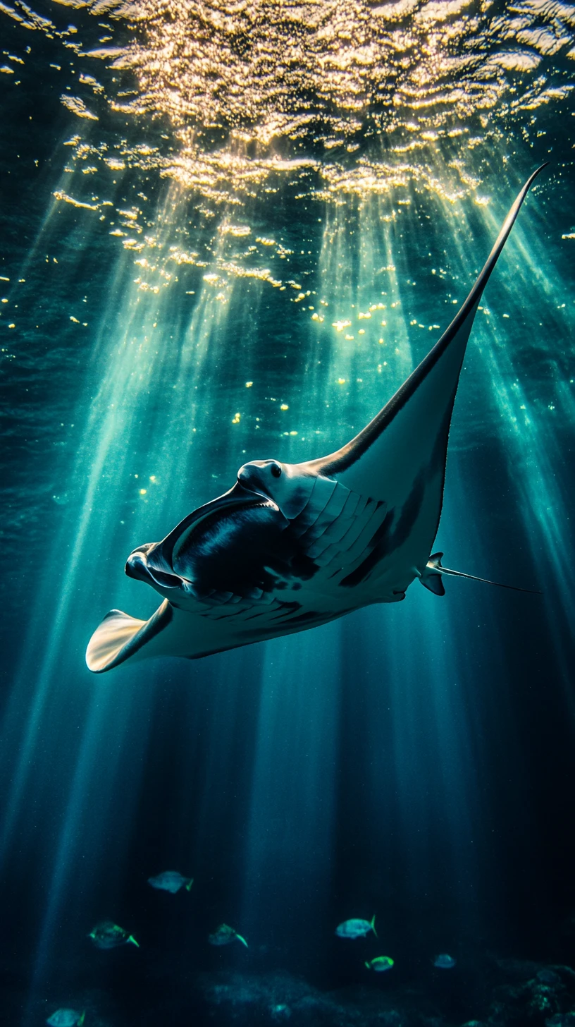Manta ray gliding through golden sunlight in deep blue water