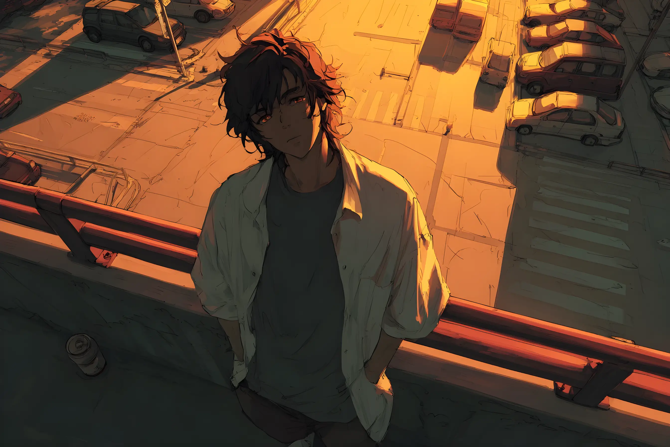 Anime boy on an overpass at golden hour