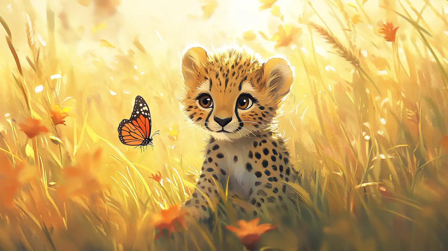 Baby cheetah stalking a butterfly in tall savanna grass