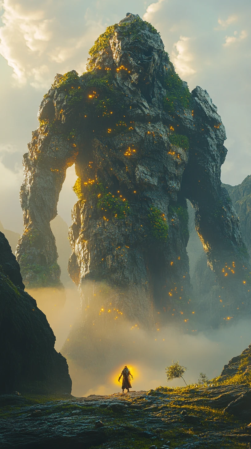 Giant stone golem in a misty prehistoric valley at dawn