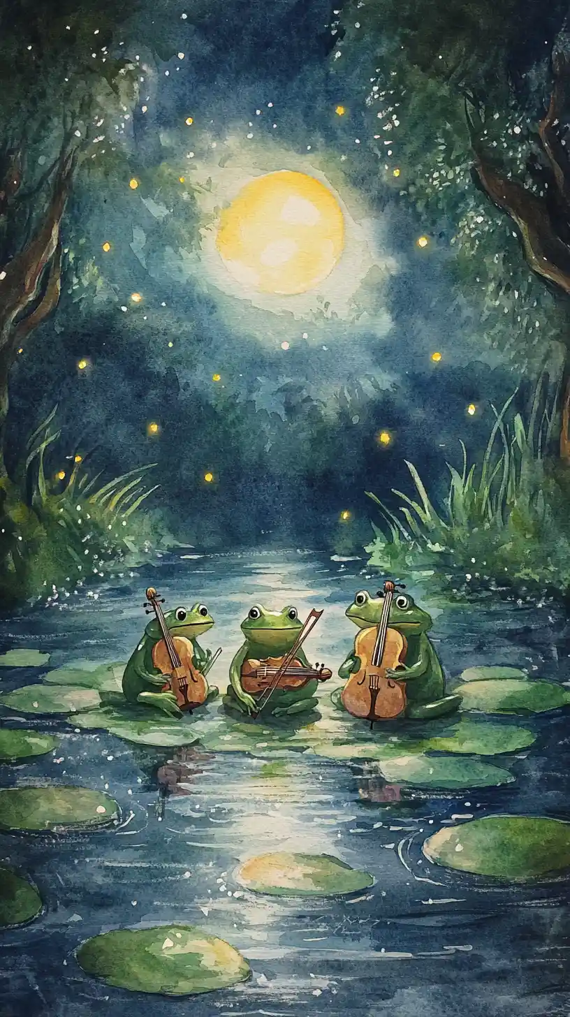 Watercolor frogs playing music on a moonlit pond
