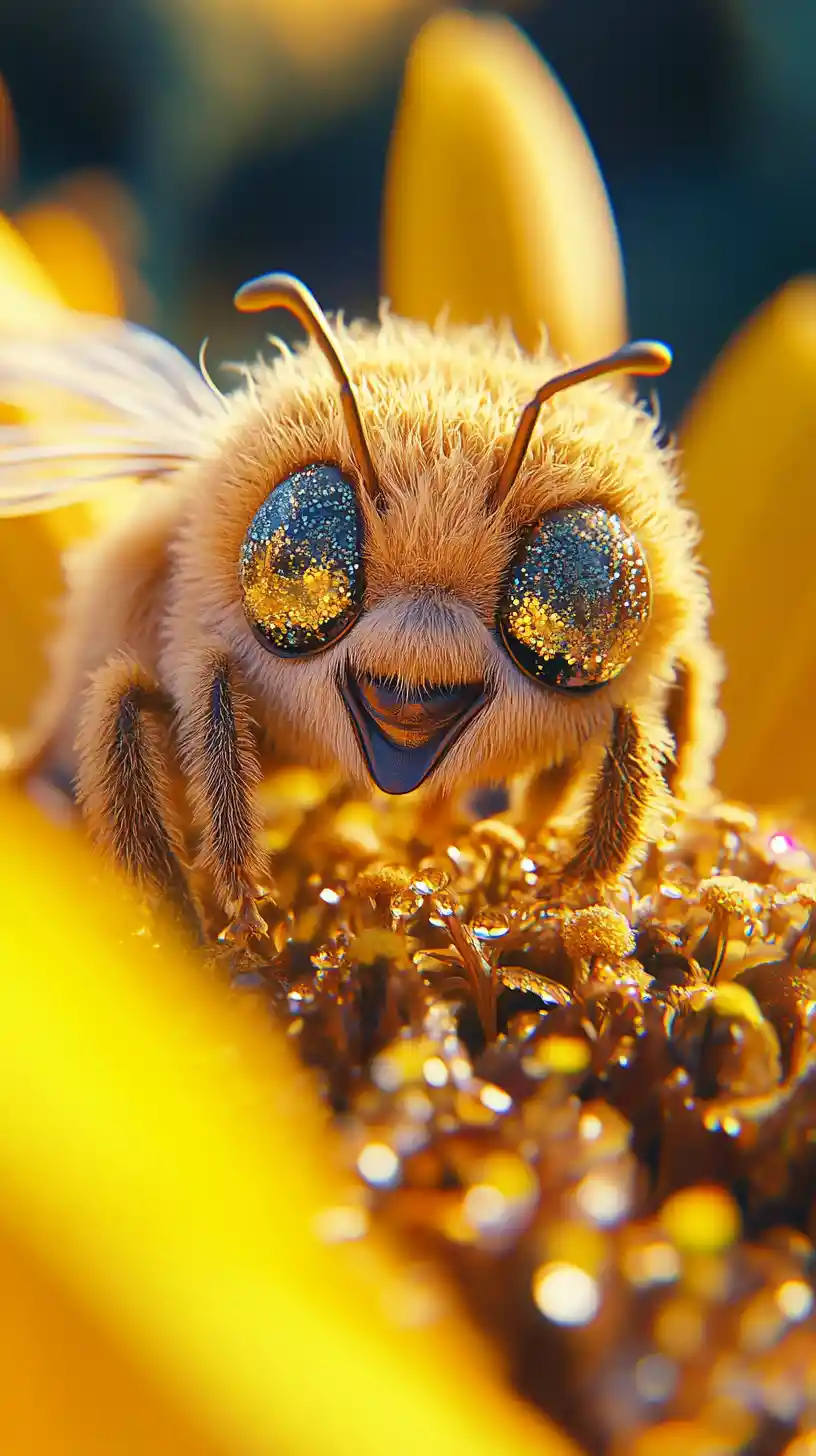 Ape gioiosa che beve nettare in un girasole stillante di rugiada
