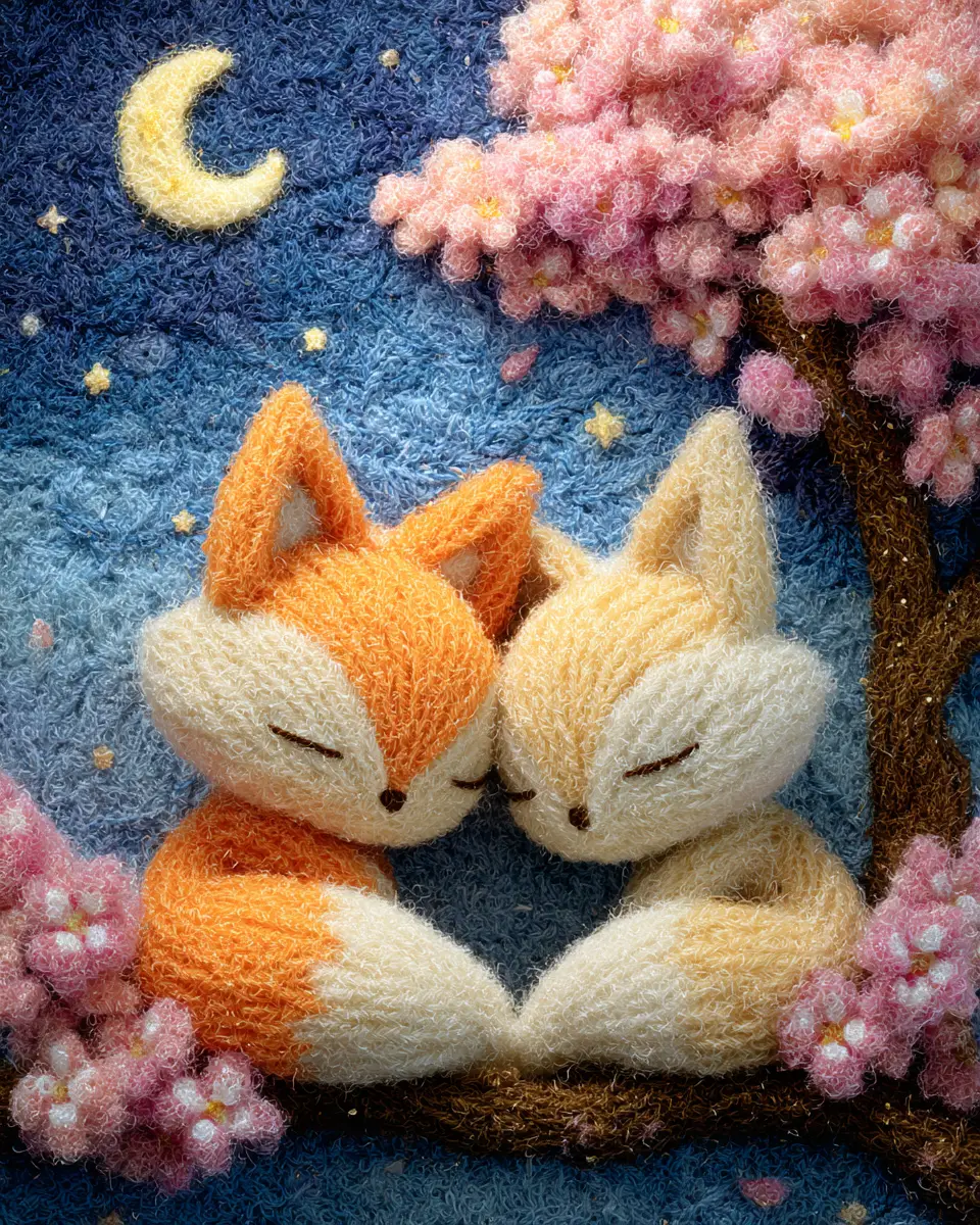 Two cute foxes dozing together under a starry sky