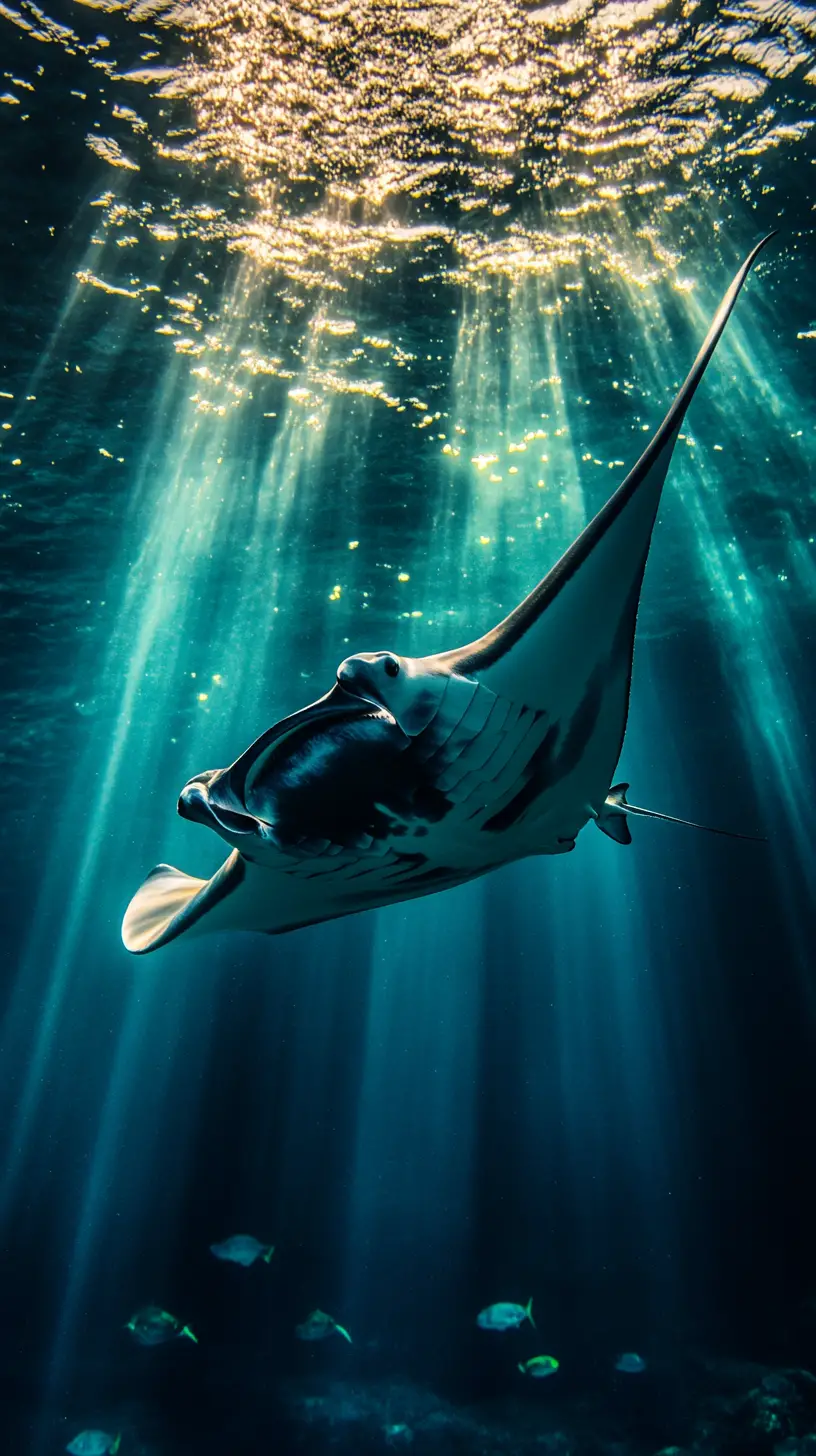 Manta che scivola nella luce dorata tra le acque blu profondo
