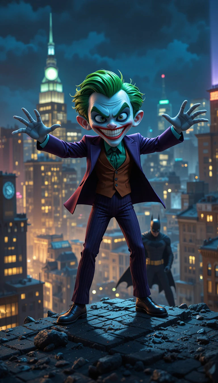 Cartoon clown landing on a city rooftop at night