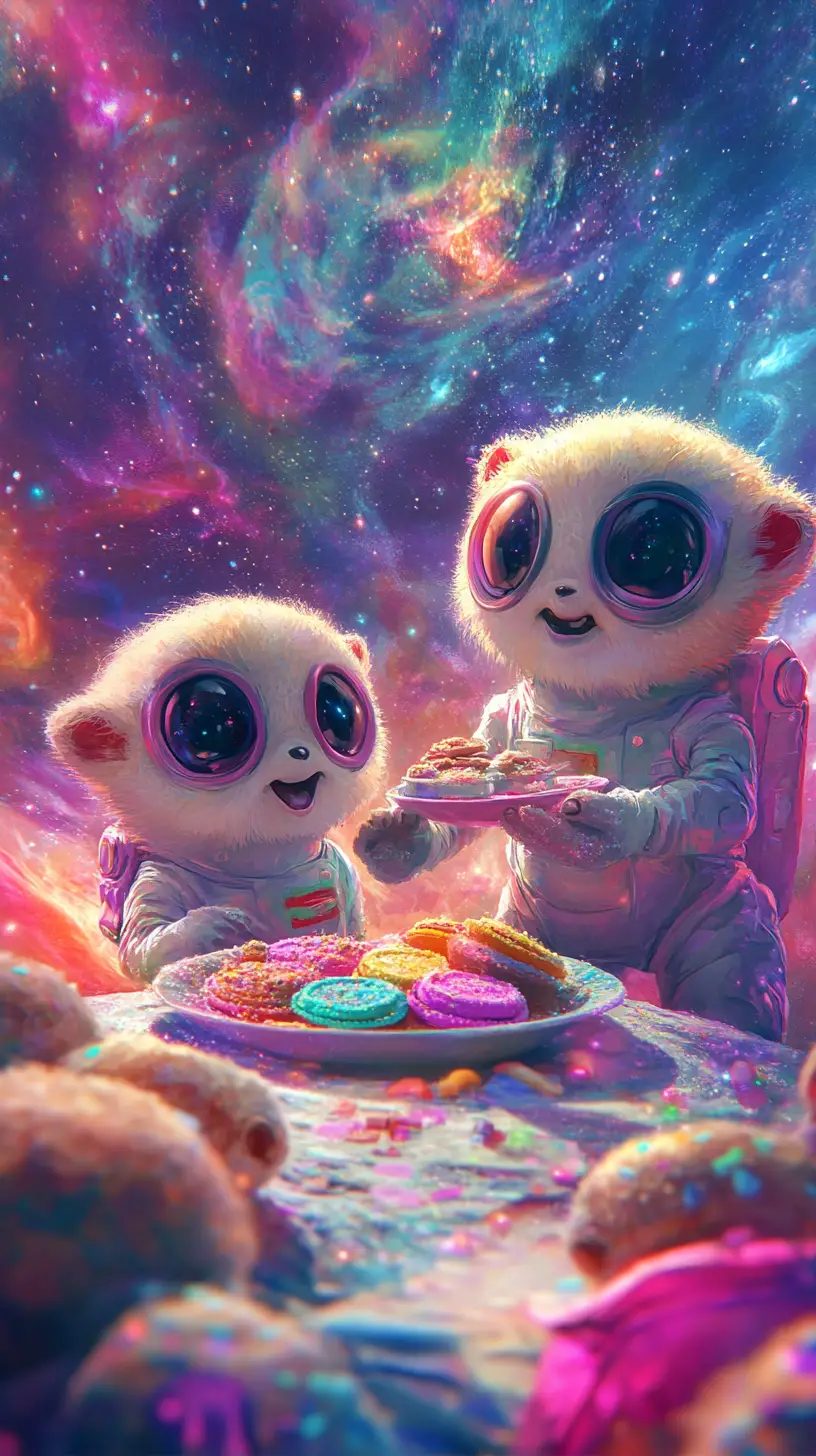 Cute aliens charmed by child with colorful treats