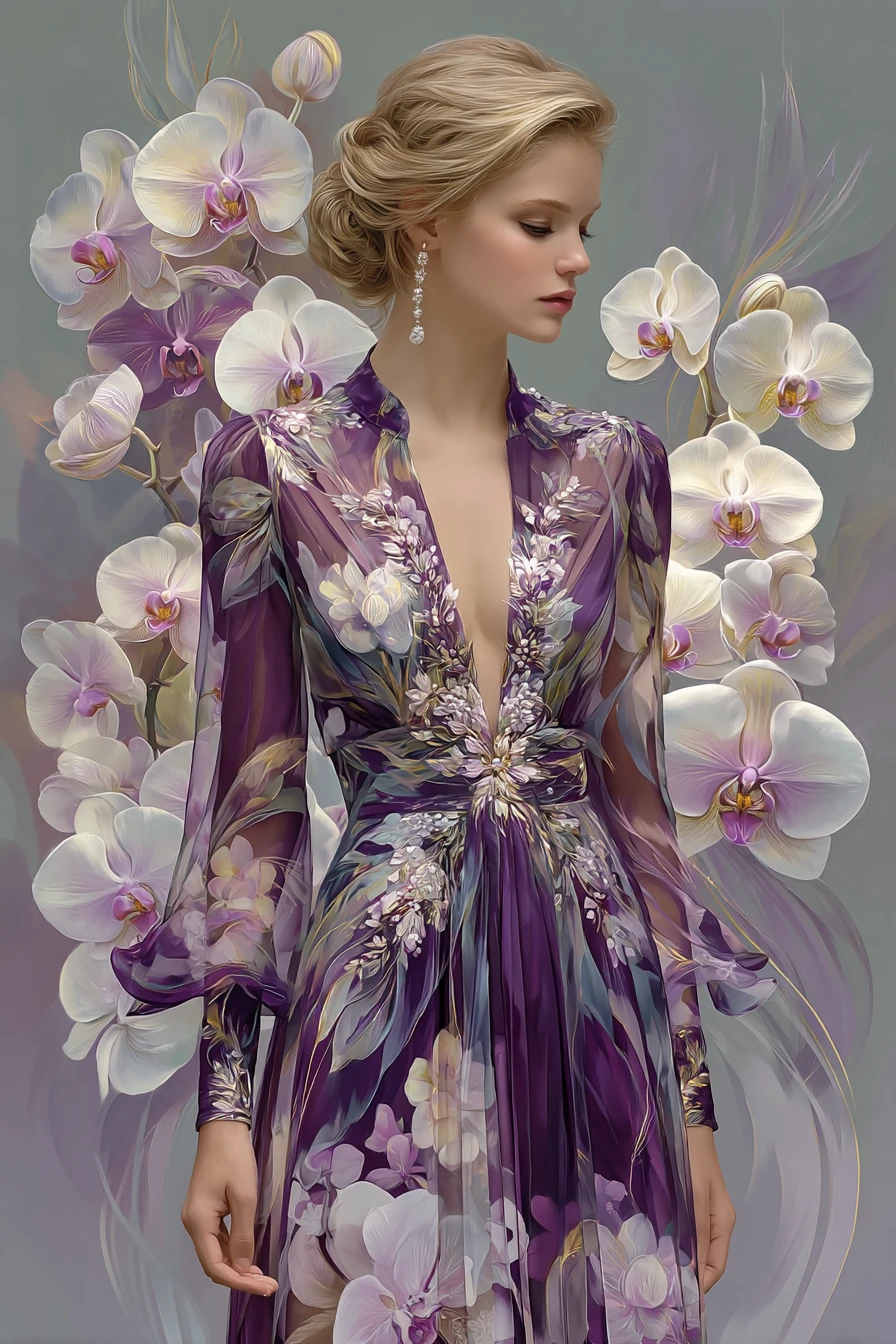 Zarte Modeillustration einer Frau in einem Orchideen-Kleid