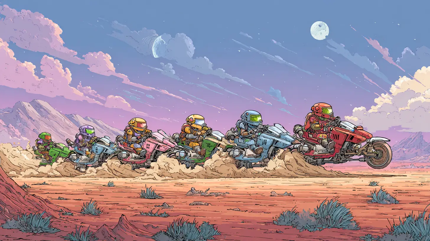 Colorful land speeders racing across a desert planet