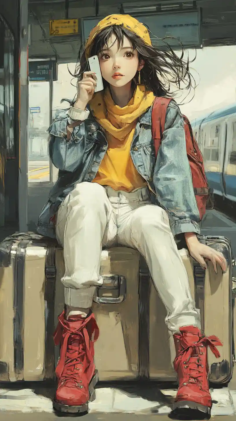 Playful anime girl on suitcase at bright train station